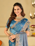 Sky Blue Banarasi Silk Saree with Heavy Embroidered Border & Rich Zari Woven Pallu | Designer Wedding Festive Saree