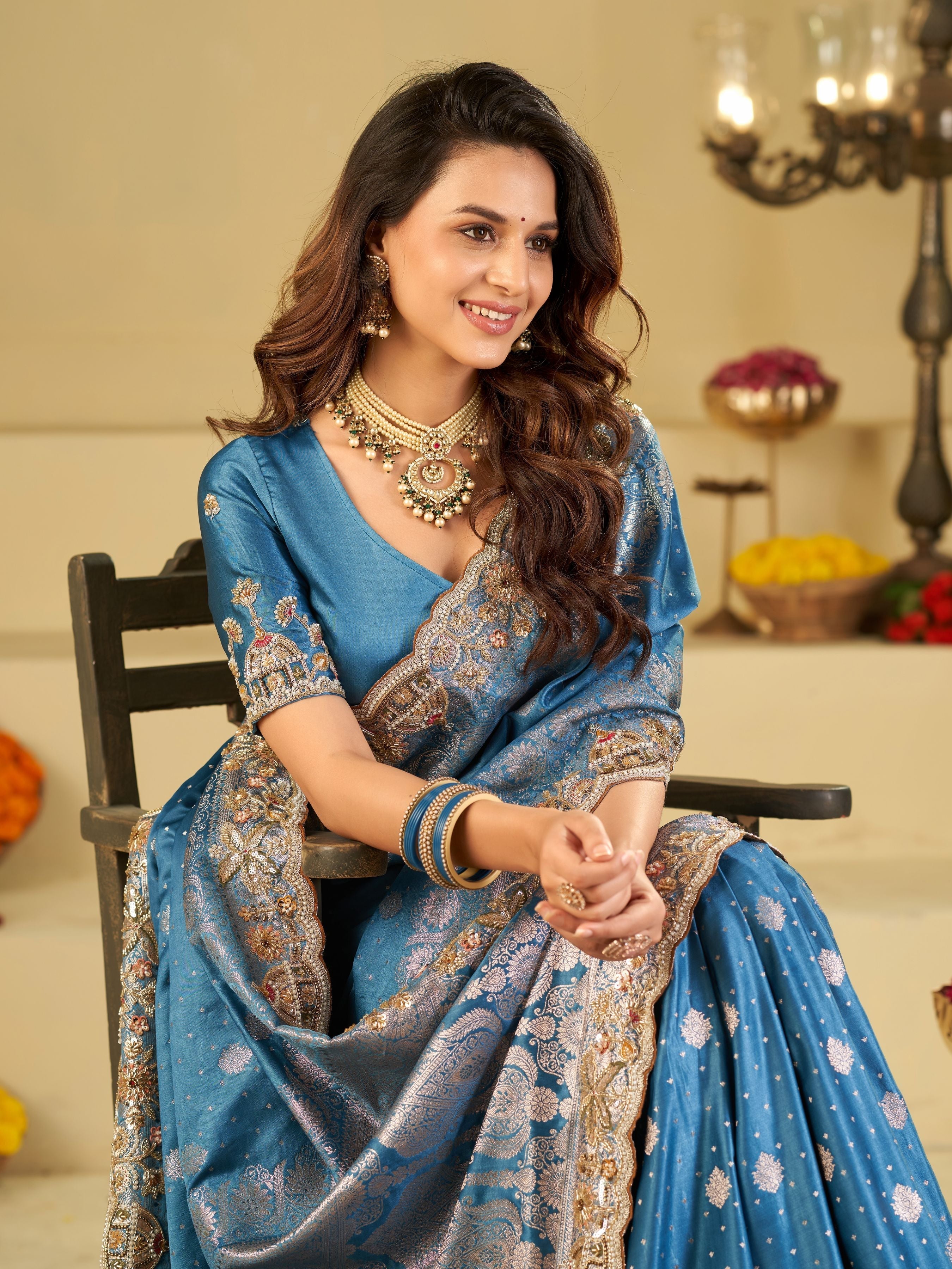 Royal Blue Banarasi Silk Saree with Heavy Embroidered Border & Rich Zari Woven Pallu | Designer Wedding Festive Saree