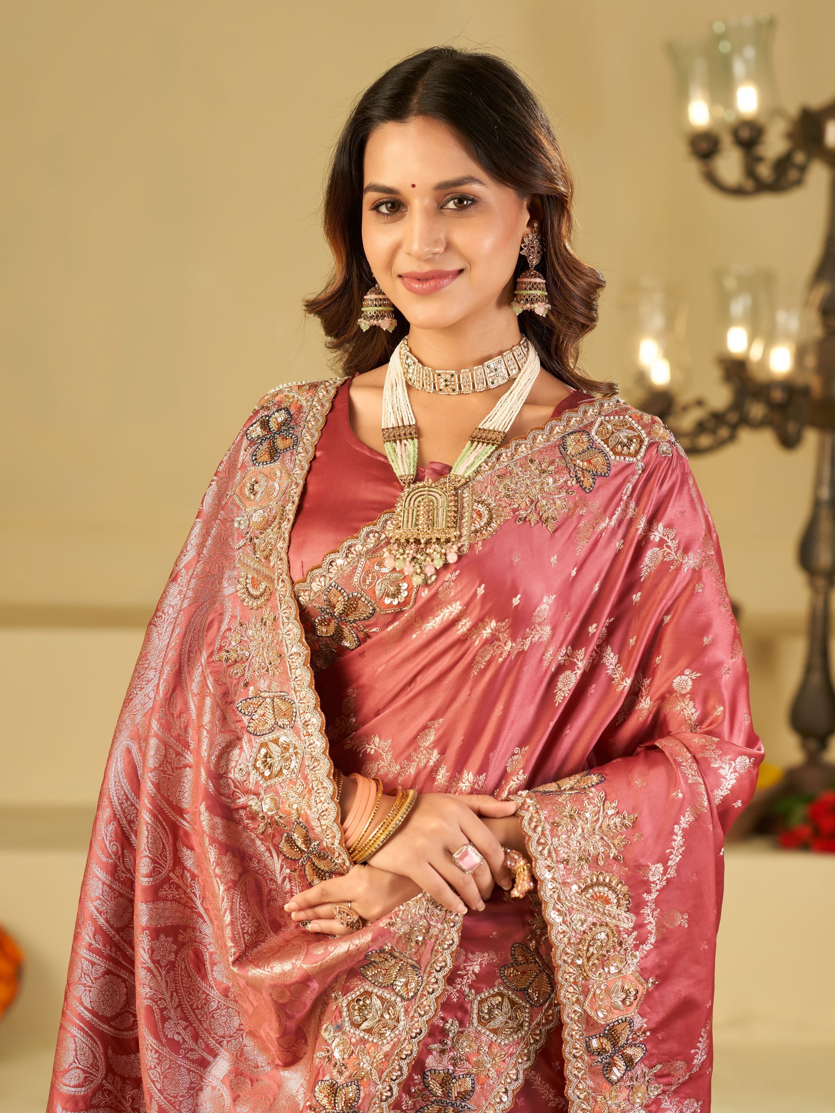 Rose Pink Banarasi Silk Saree with Heavy Embroidered Border & Rich Zari Woven Pallu | Designer Festive Wedding Saree