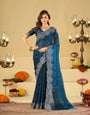 Royal Blue Fendy Satin Saree with White Floral Embroidery Border | Elegant Designer Party Wear Saree with Blouse