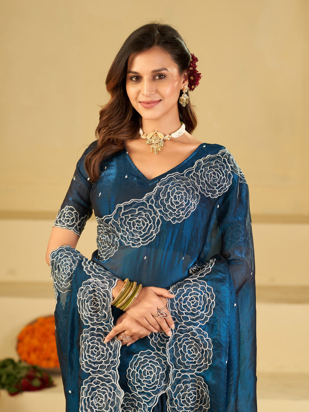 Royal Blue Fendy Satin Saree with White Floral Embroidery Border | Elegant Designer Party Wear Saree with Blouse