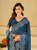 Royal Blue Fendy Satin Saree with White Floral Embroidery Border | Elegant Designer Party Wear Saree with Blouse