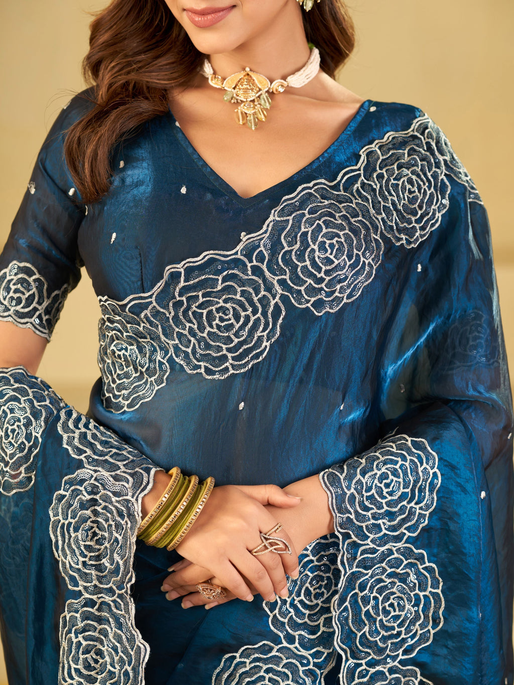 Royal Blue Fendy Satin Saree with White Floral Embroidery Border | Elegant Designer Party Wear Saree with Blouse
