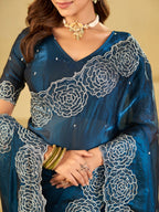 Royal Blue Fendy Satin Saree with White Floral Embroidery Border | Elegant Designer Party Wear Saree with Blouse