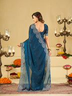 Royal Blue Fendy Satin Saree with White Floral Embroidery Border | Elegant Designer Party Wear Saree with Blouse