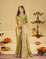 Olive Green Designer Fendy Satin Saree with Heavy Embroidered Border | Elegant Festive Party Wear Saree with Intricate Embroidery & Matching Blouse
