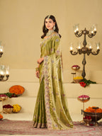 Olive Green Designer Fendy Satin Saree with Heavy Embroidered Border | Elegant Festive Party Wear Saree with Intricate Embroidery & Matching Blouse