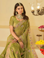 Olive Green Designer Fendy Satin Saree with Heavy Embroidered Border | Elegant Festive Party Wear Saree with Intricate Embroidery & Matching Blouse