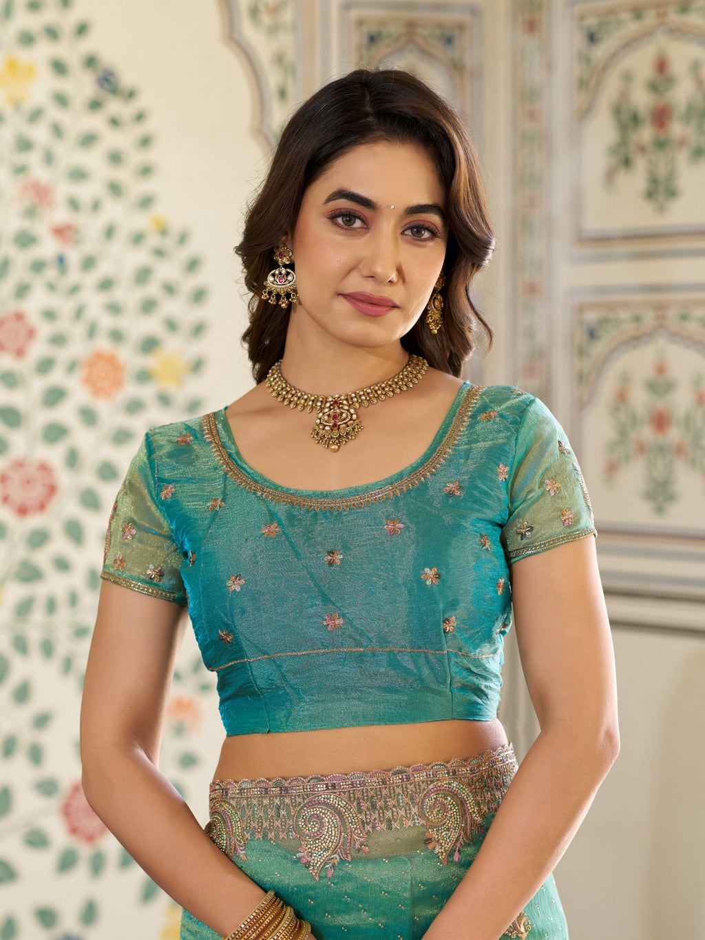 Aqua Green Fendy Satin Embroidered Saree with Paisley Motifs & Zari Border | Designer Festive Saree with Tassels & Heavy Embroidered Blouse