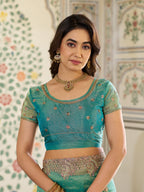Aqua Green Fendy Satin Embroidered Saree with Paisley Motifs & Zari Border | Designer Festive Saree with Tassels & Heavy Embroidered Blouse