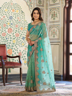 Aqua Green Fendy Satin Embroidered Saree with Paisley Motifs & Zari Border | Designer Festive Saree with Tassels & Heavy Embroidered Blouse