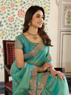Aqua Green Fendy Satin Embroidered Saree with Paisley Motifs & Zari Border | Designer Festive Saree with Tassels & Heavy Embroidered Blouse