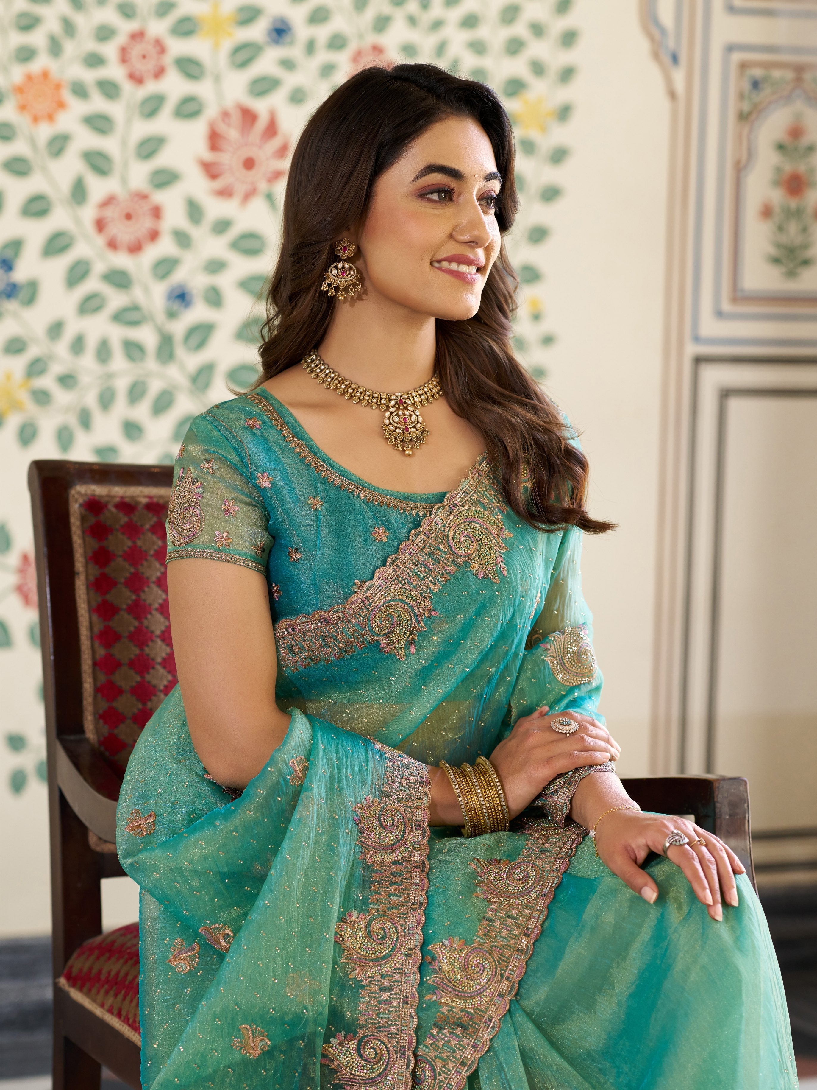 Aqua Green Fendy Satin Embroidered Saree with Paisley Motifs & Zari Border | Designer Festive Saree with Tassels & Heavy Embroidered Blouse