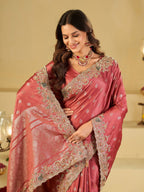 Dusty Rose Banarasi Silk Saree with Heavy Embroidered Border & Rich Zari Woven Pallu | Designer Wedding & Festive Saree