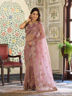 Blush Pink Fendy Satin Embroidered Saree with Paisley Motifs & Zari Border | Designer Festive Saree with Tassels & Heavy Embroidered Blouse