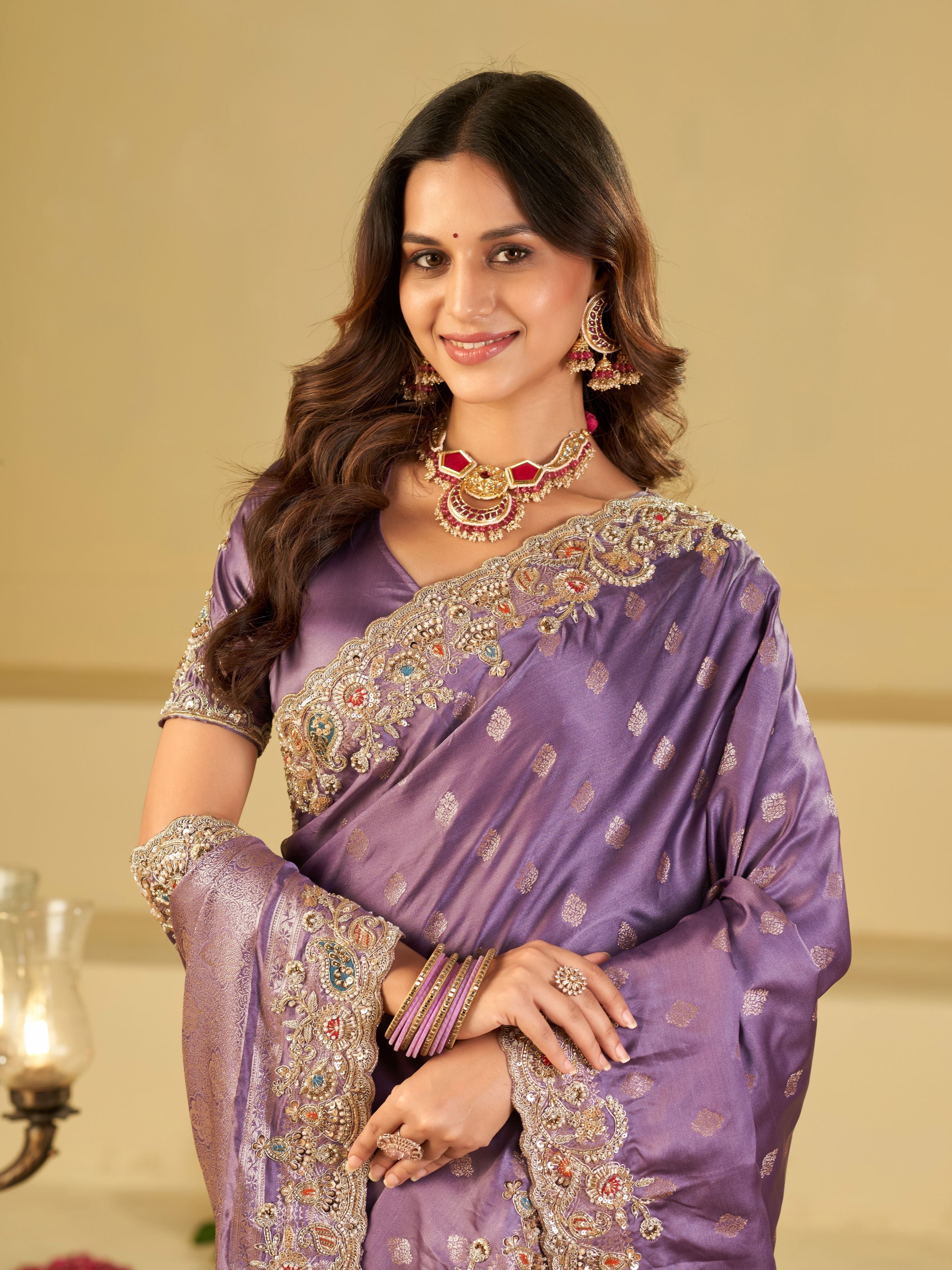 Lavender Purple Banarasi Silk Saree with Heavy Embroidered Border & Rich Zari Woven Pallu | Designer Festive Wedding Saree