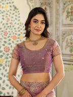 Blush Pink Fendy Satin Embroidered Saree with Paisley Motifs & Zari Border | Designer Festive Saree with Tassels & Heavy Embroidered Blouse