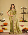 Olive Green Designer Fendy Satin Saree with Embroidered Leaf Motifs & Elegant Lace Border | Premium Festive Party Wear Saree with Matching Blouse