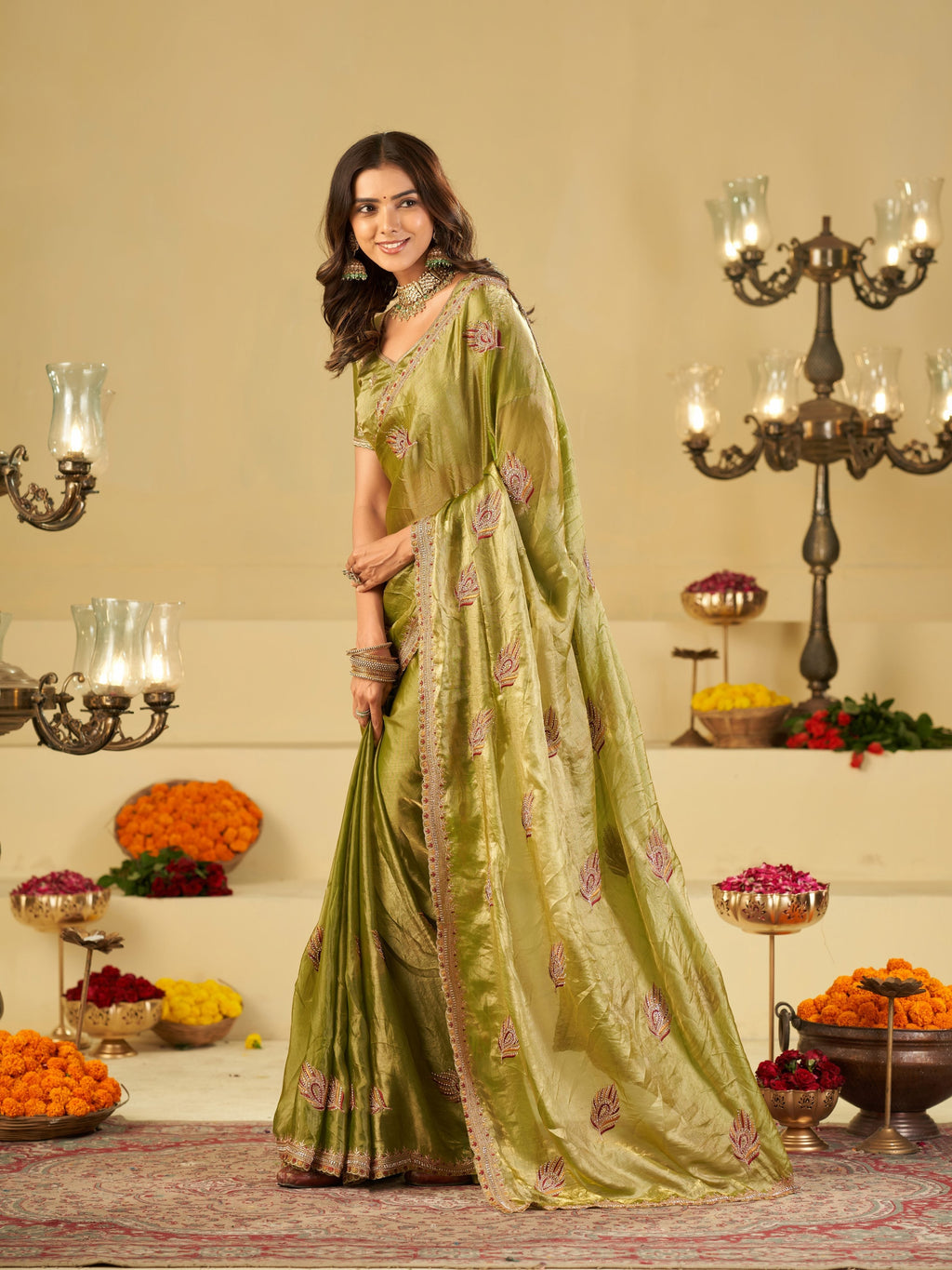 Olive Green Designer Fendy Satin Saree with Embroidered Leaf Motifs & Elegant Lace Border | Premium Festive Party Wear Saree with Matching Blouse