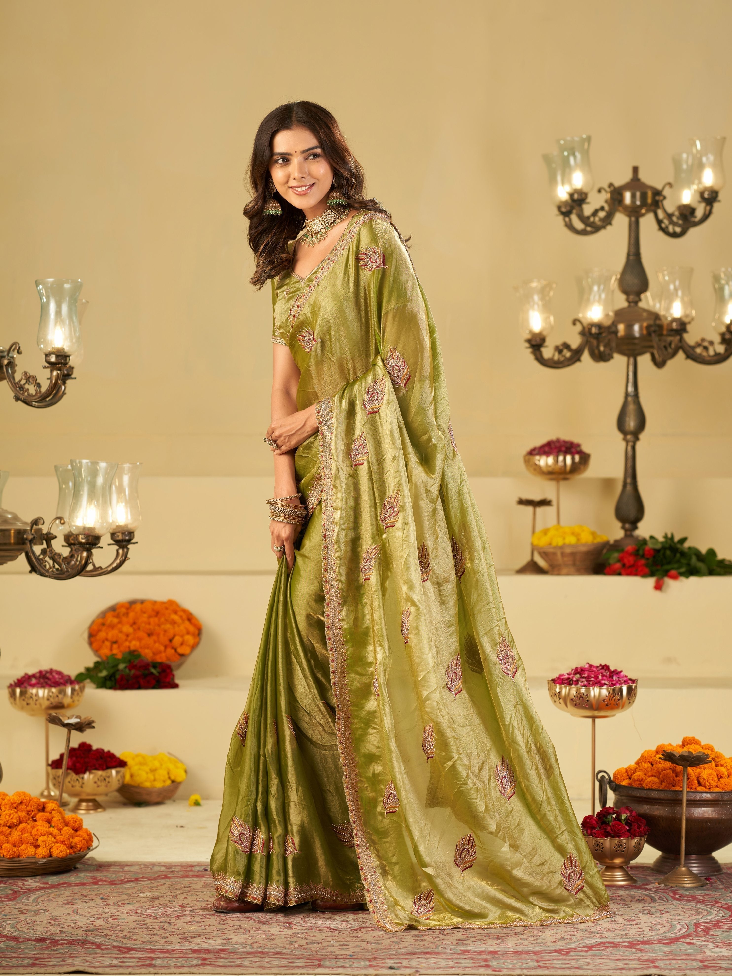 Olive Green Designer Fendy Satin Saree with Embroidered Leaf Motifs & Elegant Lace Border | Premium Festive Party Wear Saree with Matching Blouse