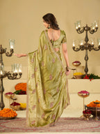 Olive Green Designer Fendy Satin Saree with Embroidered Leaf Motifs & Elegant Lace Border | Premium Festive Party Wear Saree with Matching Blouse