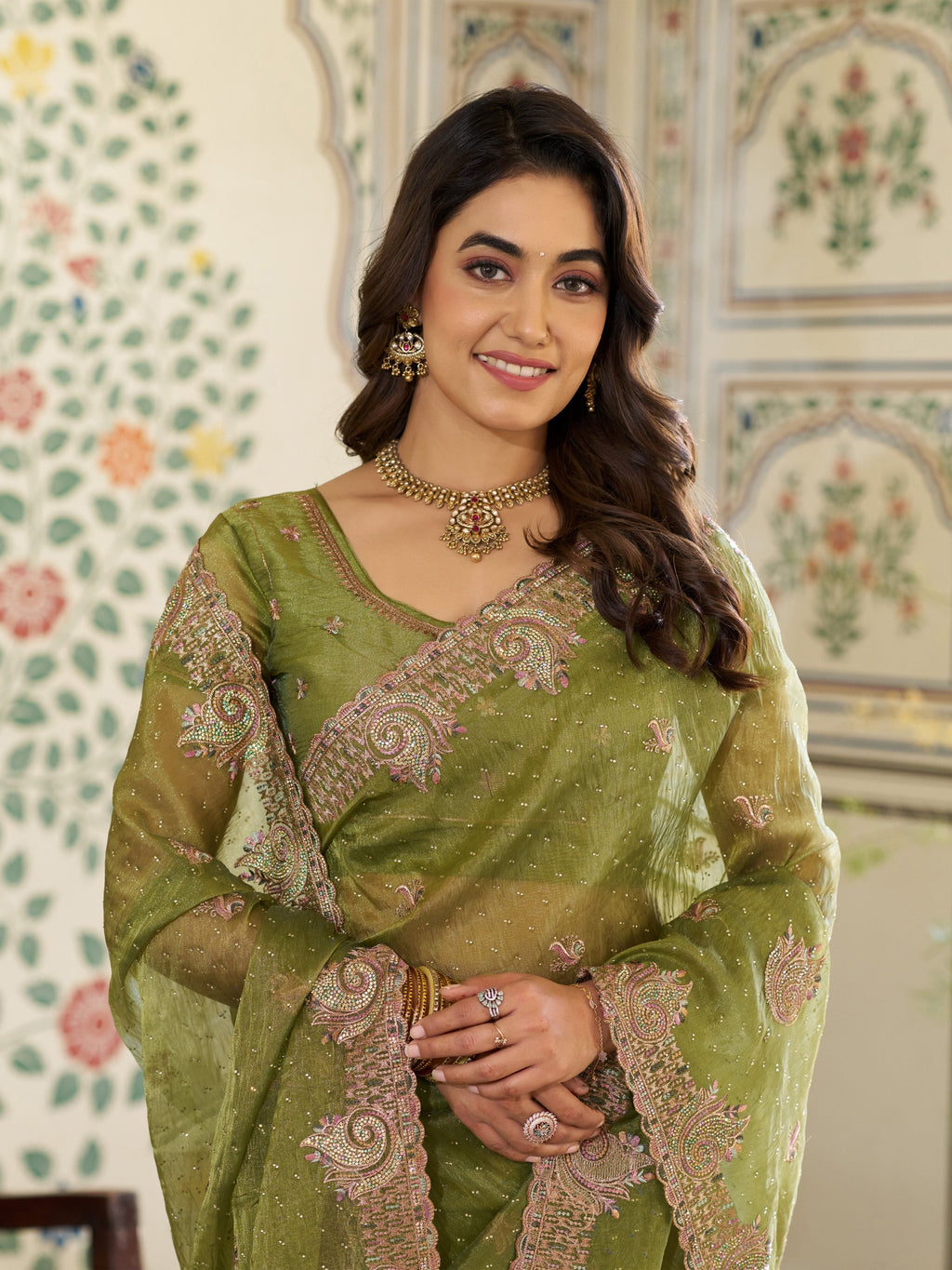 Olive Green Fendy Satin Embroidered Saree with Paisley Motifs & Zari Border | Designer Festive Saree with Tassels & Heavy Embroidered Blouse