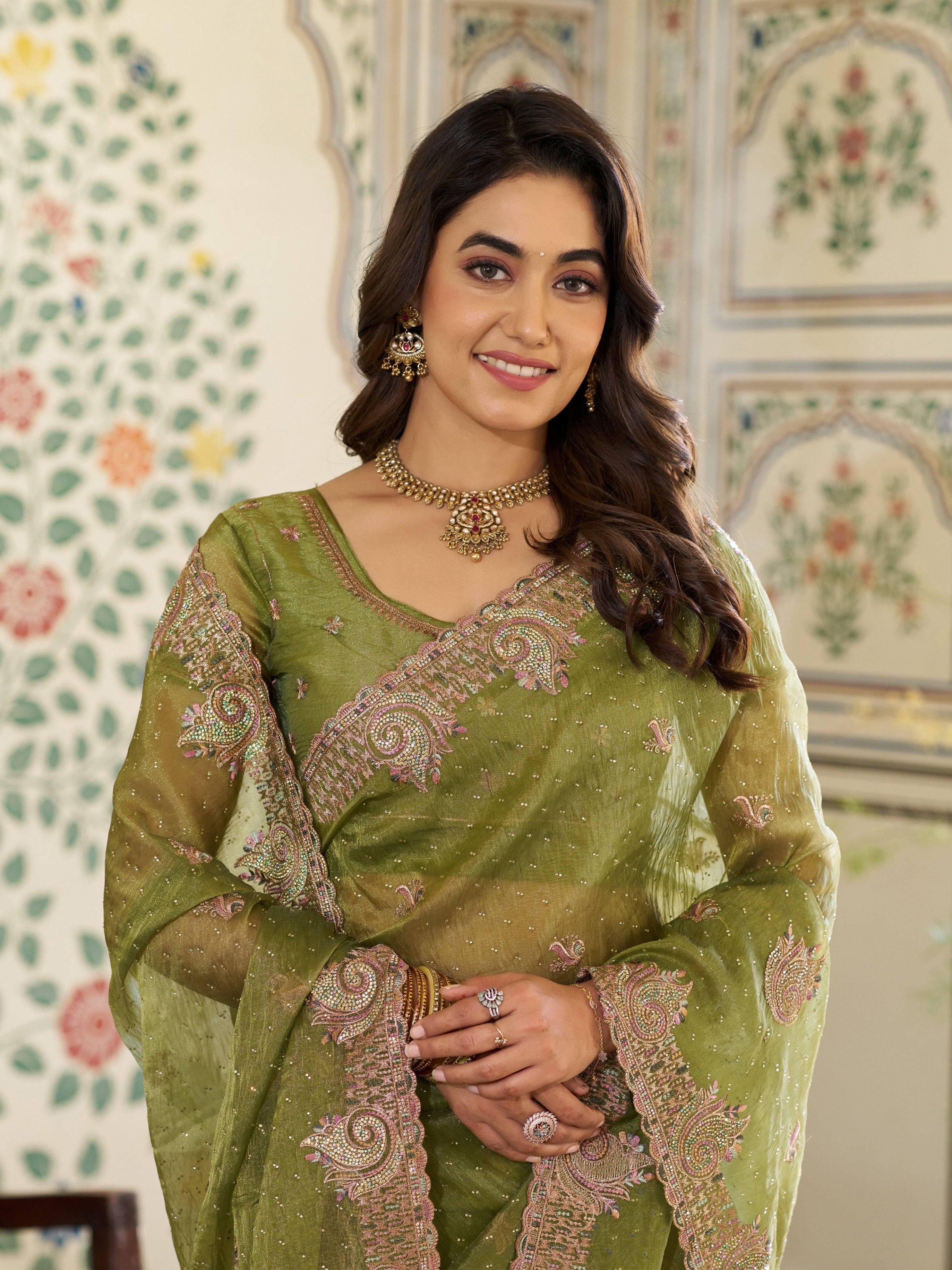 Olive Green Fendy Satin Embroidered Saree with Paisley Motifs & Zari Border | Designer Festive Saree with Tassels & Heavy Embroidered Blouse