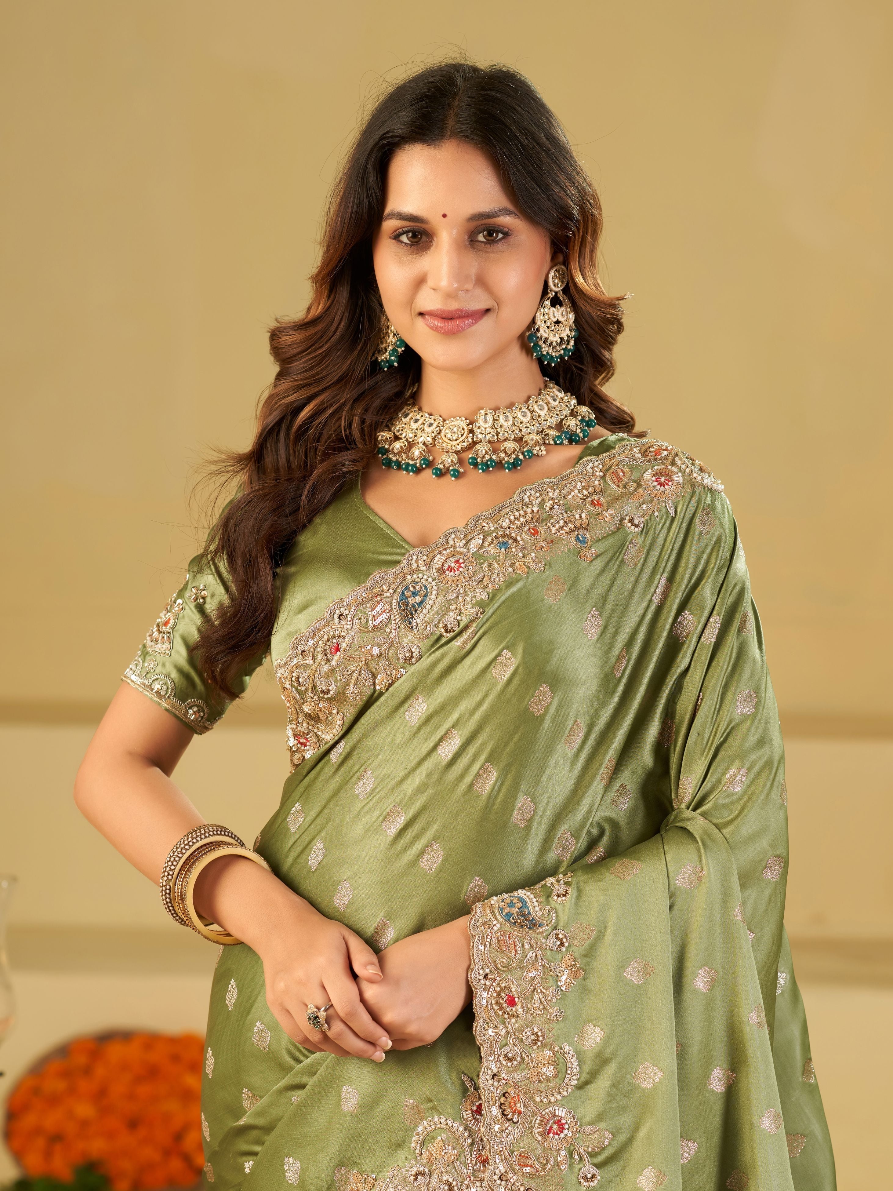 Pista Green Banarasi Silk Saree with Heavy Embroidered Border & Rich Zari Woven Pallu | Designer Festive Wedding Saree