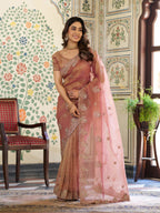 Dusty Rose Pink Fendy Satin Embroidered Saree with Paisley Motifs & Zari Border | Designer Festive Saree with Tassels & Heavy Embroidered Blouse