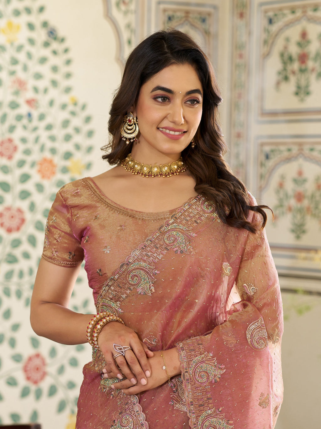 Dusty Rose Pink Fendy Satin Embroidered Saree with Paisley Motifs & Zari Border | Designer Festive Saree with Tassels & Heavy Embroidered Blouse