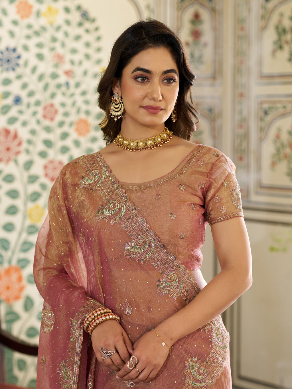 Dusty Rose Pink Fendy Satin Embroidered Saree with Paisley Motifs & Zari Border | Designer Festive Saree with Tassels & Heavy Embroidered Blouse