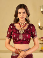 Wine Designer Fendy Satin Saree with Heavy Zari Embroidery Work | Premium Party Wear Wedding Saree with Embroidered Border & Blouse