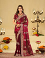 Wine Designer Fendy Satin Saree with Heavy Zari Embroidery Work | Premium Party Wear Wedding Saree with Embroidered Border & Blouse