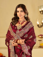 Wine Designer Fendy Satin Saree with Heavy Zari Embroidery Work | Premium Party Wear Wedding Saree with Embroidered Border & Blouse