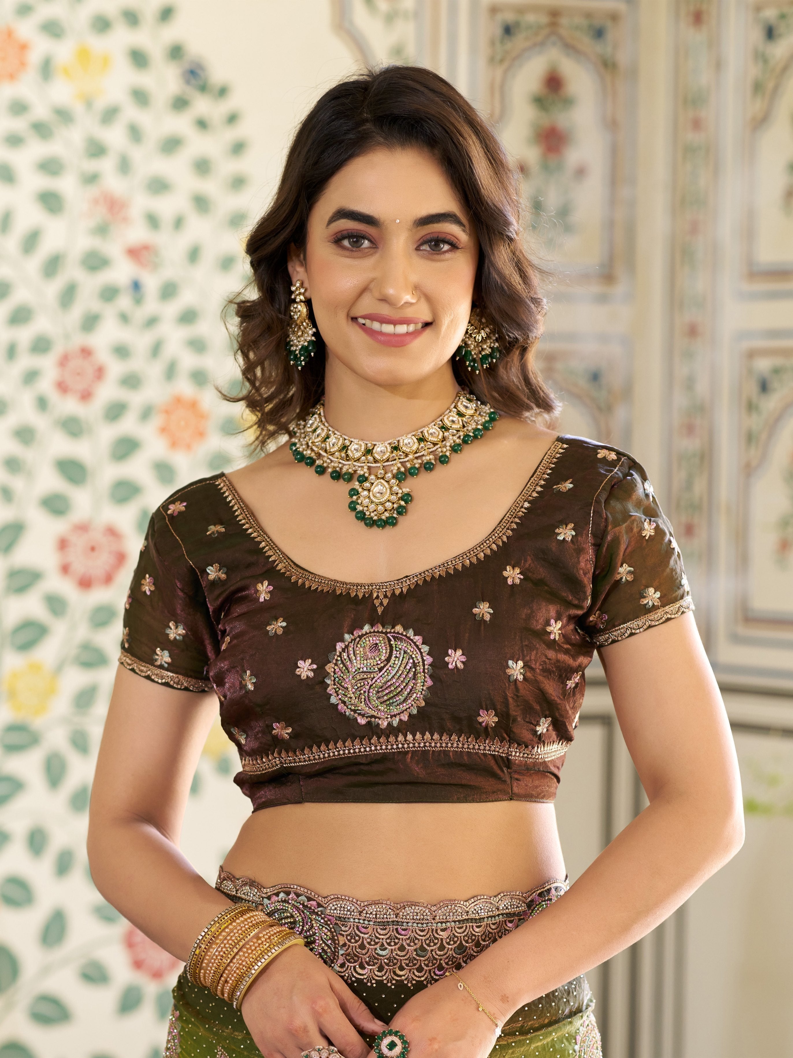 Olive Green Fendy Satin Designer Embroidered Saree with Floral & Paisley Motifs | Premium Festive Saree with Zari Border, Tassels & Heavy Embroidered Blouse