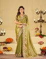 Olive Green Fendy Satin Saree with Floral Embroidery Border | Designer Embroidered Party Wear Saree with Blouse