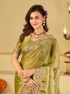 Olive Green Fendy Satin Saree with Floral Embroidery Border | Designer Embroidered Party Wear Saree with Blouse
