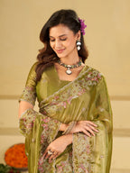 Olive Green Fendy Satin Saree with Floral Embroidery Border | Designer Embroidered Party Wear Saree with Blouse