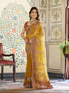 Dual Tone Mustard Yellow & Rust Fendy Satin Embroidered Saree with Paisley Motifs & Zari Border | Designer Festive Saree with Tassels & Heavy Embroidered Blouse