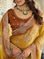 Dual Tone Mustard Yellow & Rust Fendy Satin Embroidered Saree with Paisley Motifs & Zari Border | Designer Festive Saree with Tassels & Heavy Embroidered Blouse