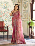 Dual Tone Wine Pink Fendy Satin Embroidered Saree with Paisley Motifs & Rich Zari Border | Designer Festive Saree with Tassels & Heavy Embroidered Blouse