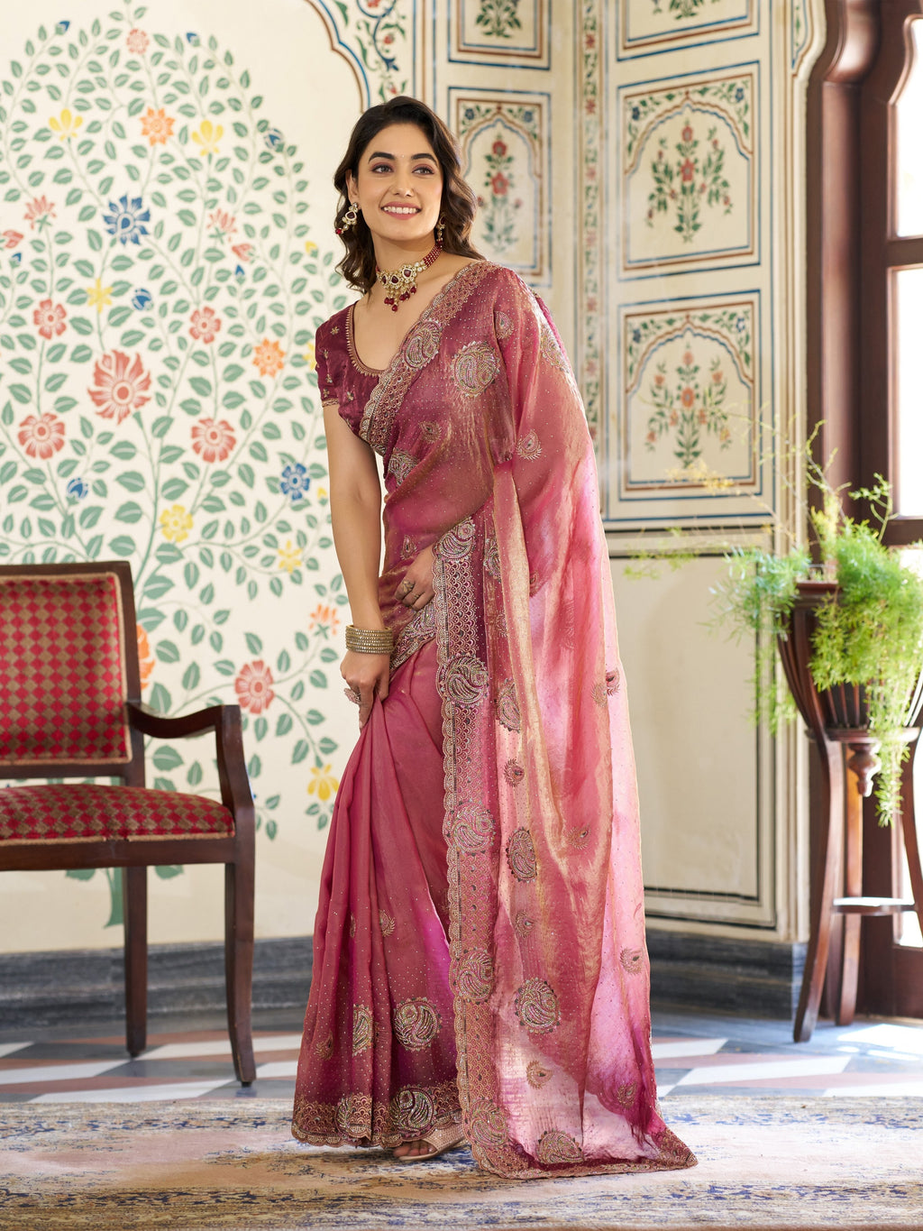 Dual Tone Wine Pink Fendy Satin Embroidered Saree with Paisley Motifs & Rich Zari Border | Designer Festive Saree with Tassels & Heavy Embroidered Blouse