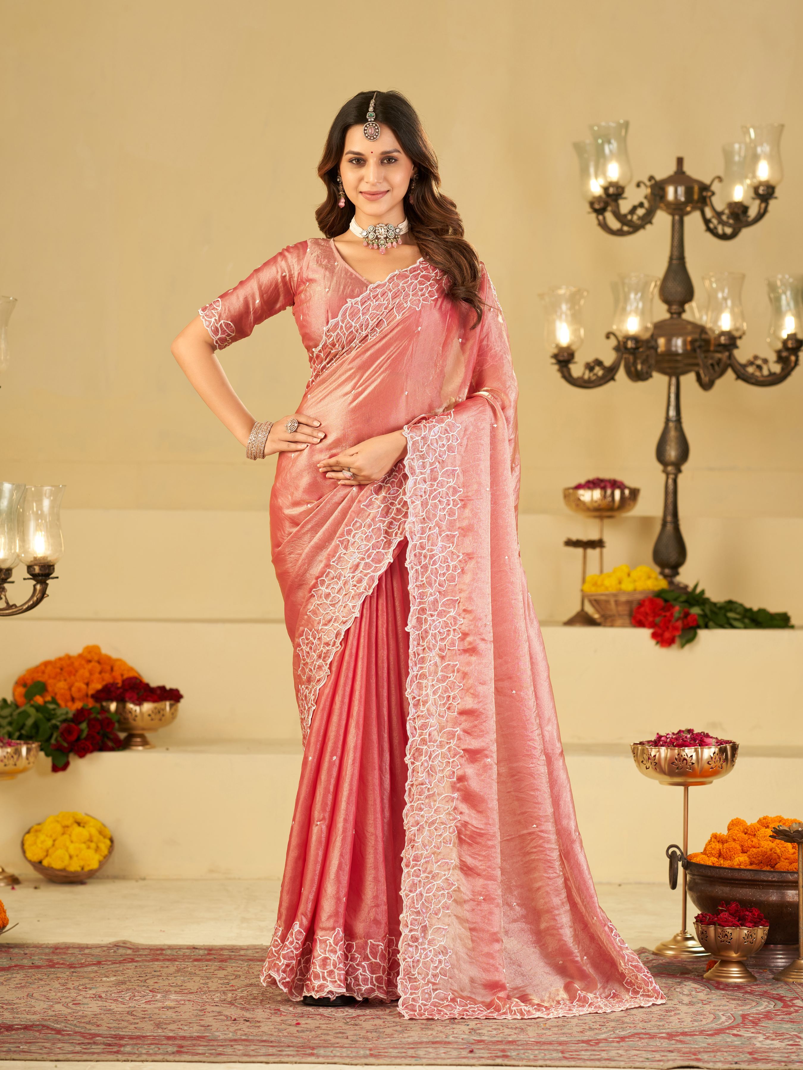 Blush Pink Fendy Satin Saree with White Floral Embroidery Border | Elegant Designer Party Wear Saree with Blouse