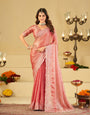 Blush Pink Fendy Satin Saree with White Floral Embroidery Border | Elegant Designer Party Wear Saree with Blouse