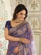 Royal Lavender Purple Fendy Satin Embroidered Saree with Paisley Motifs & Zari Border | Designer Festive Saree with Tassels & Heavy Embroidered Blouse