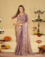 Lavender Designer Fendy Satin Saree with Heavy Embroidered Border | Premium Party Wear Embroidered Saree with Blouse