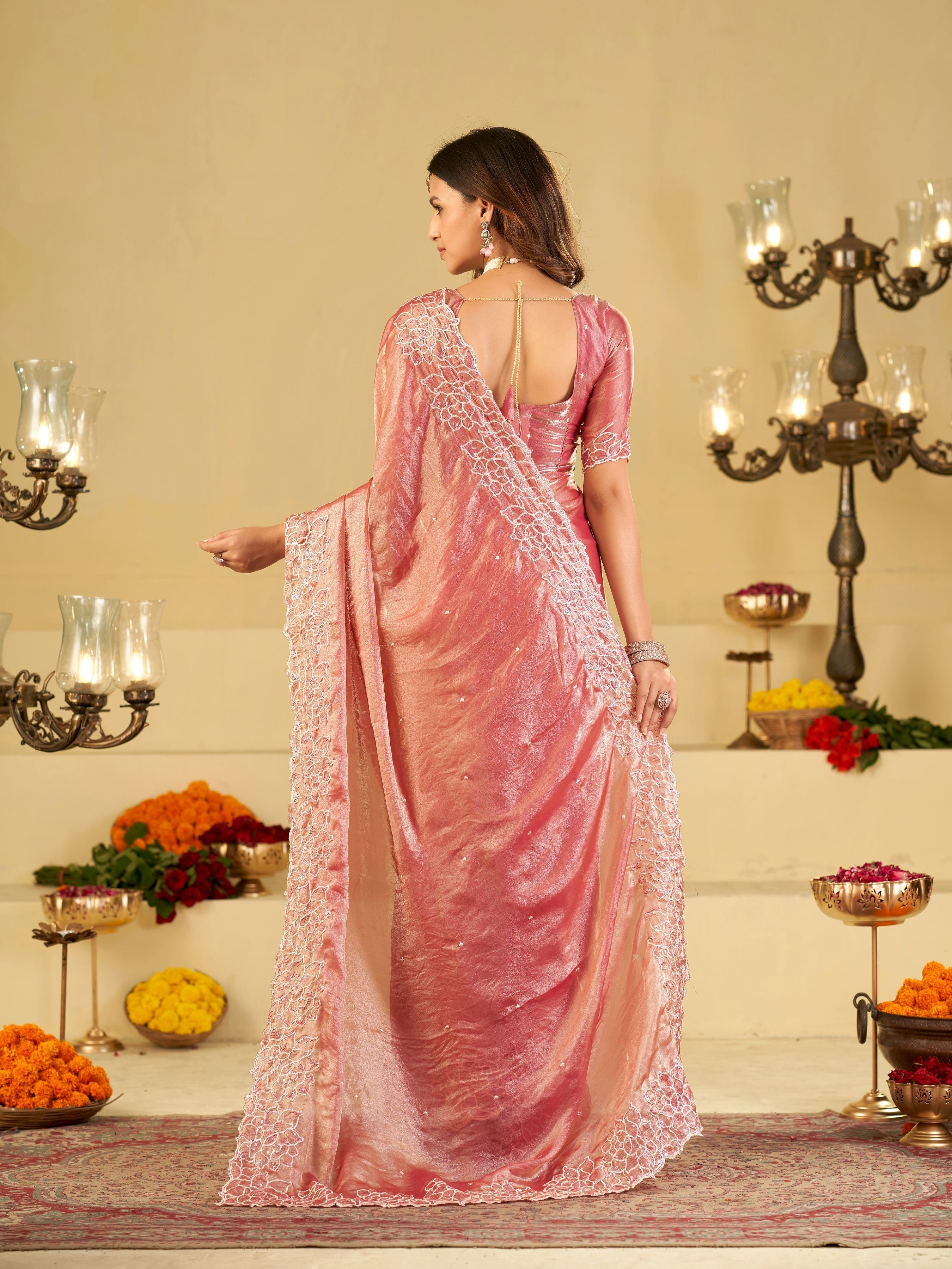 Blush Pink Fendy Satin Saree with White Floral Embroidery Border | Elegant Designer Party Wear Saree with Blouse
