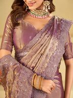 Lavender Designer Fendy Satin Saree with Heavy Embroidered Border | Premium Party Wear Embroidered Saree with Blouse