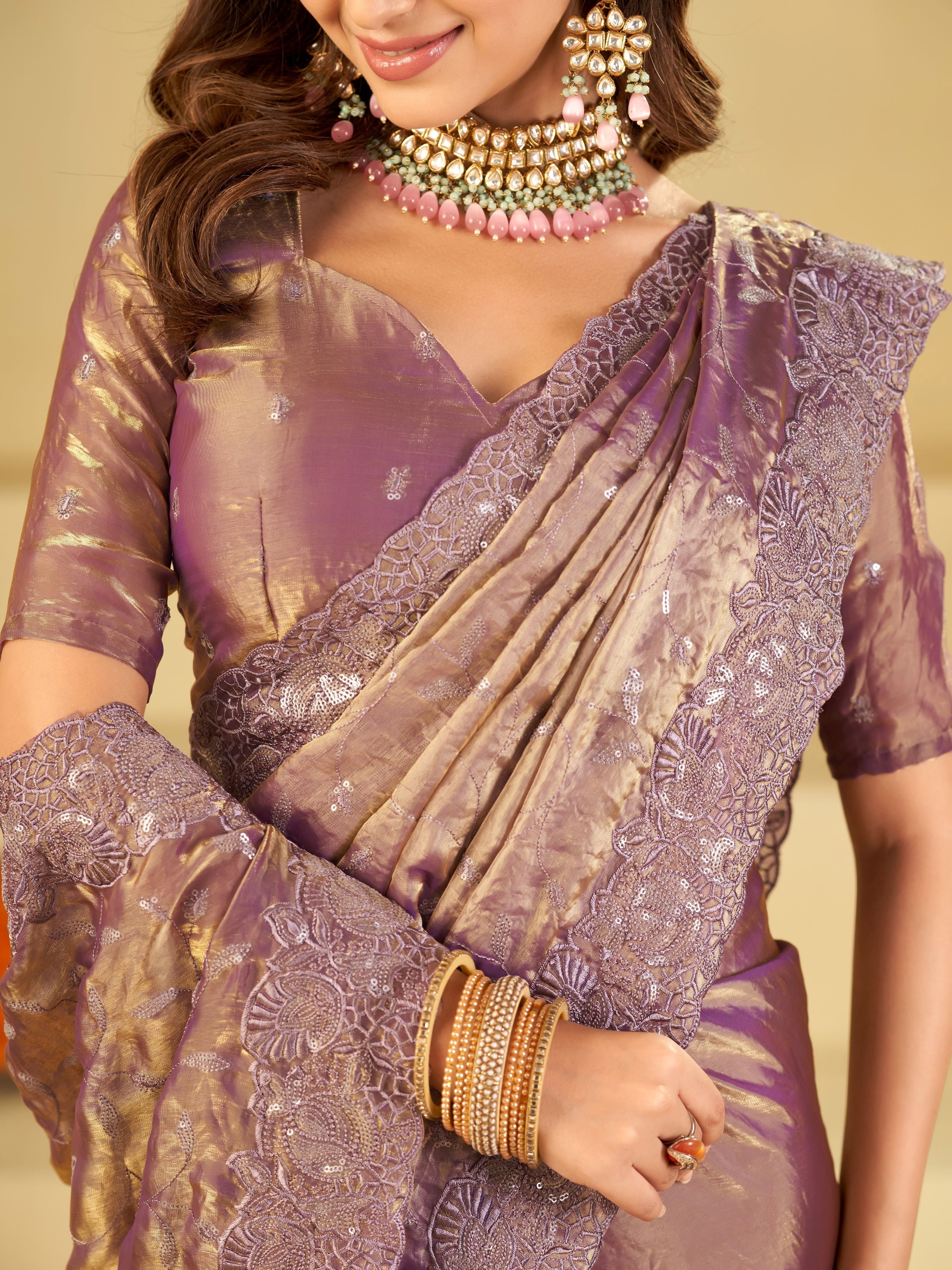 Lavender Designer Fendy Satin Saree with Heavy Embroidered Border | Premium Party Wear Embroidered Saree with Blouse