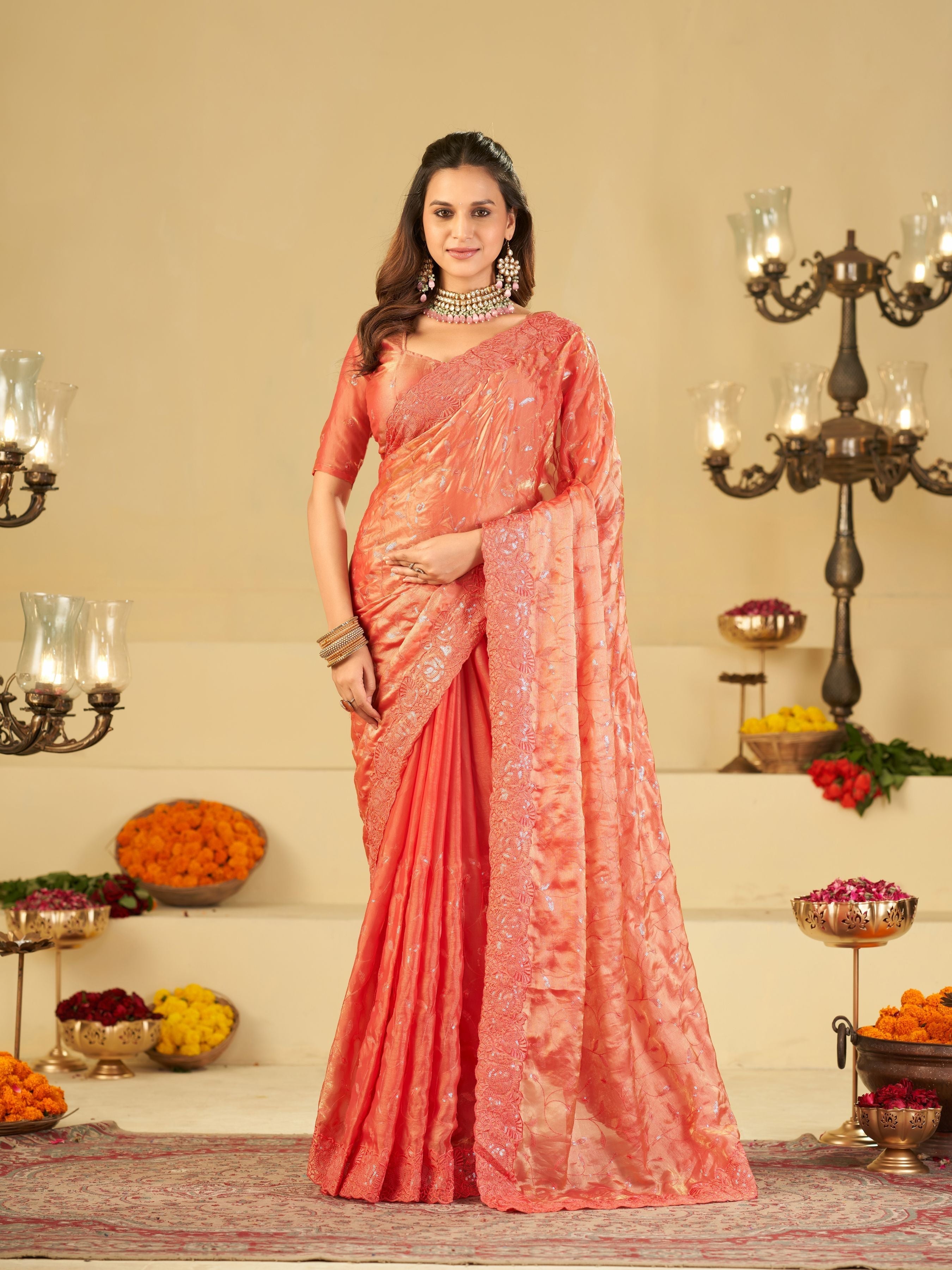 Peach Pink Designer Fendy Satin Saree with Heavy Embroidered Border | Premium Festive Party Wear Embroidered Saree with Blouse